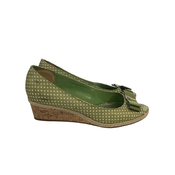 Etienne Aigner Size 7.5M Green Polka Dot Fabric Wedge Peep Toe cork heel Shoes - Picture 5 of 8